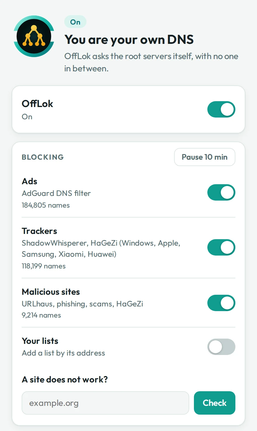 OffLok's window: “You are your own DNS”, the main switch, and blocking of ads, trackers and malicious sites.