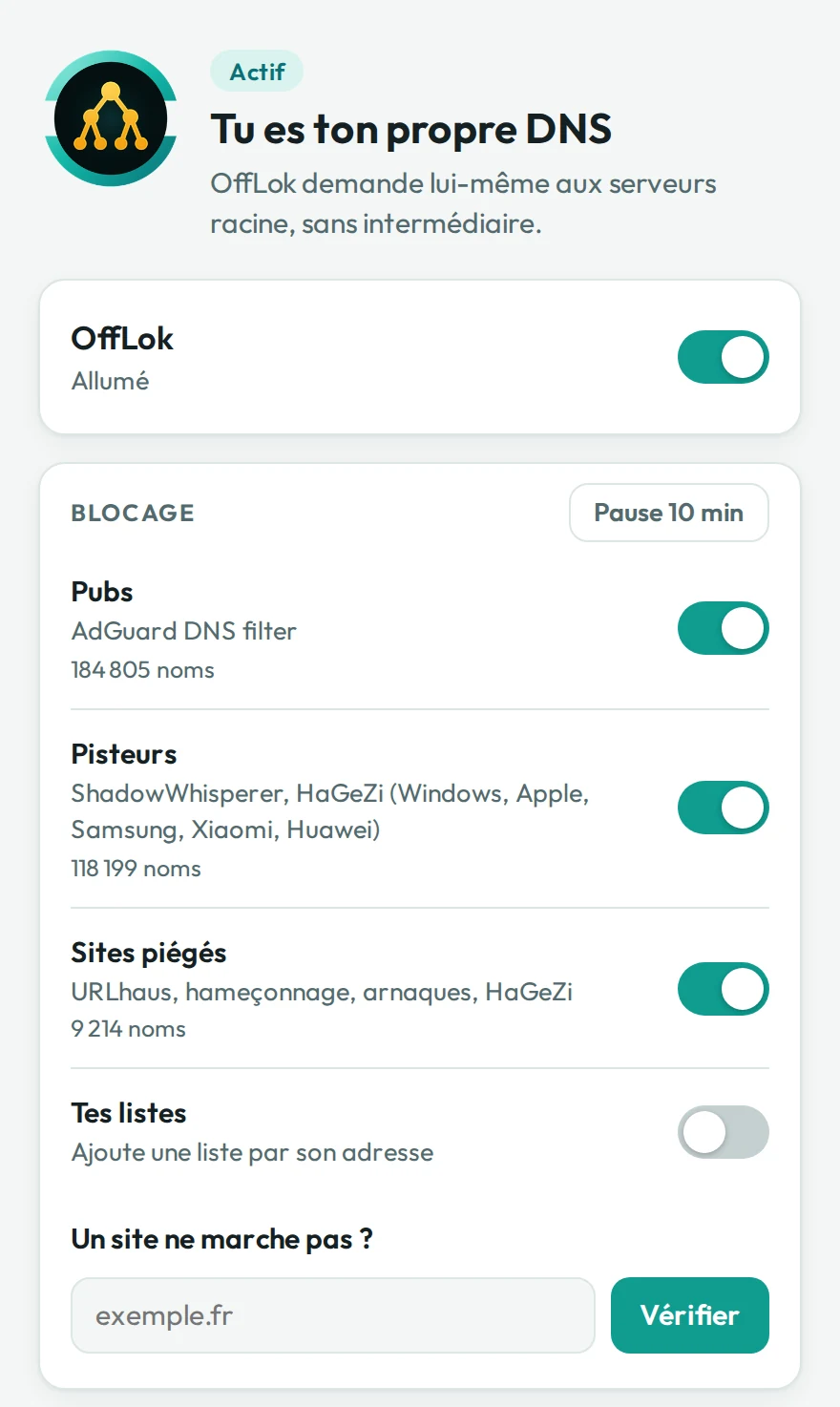 La fenêtre d'OffLok : « Tu es ton propre DNS », l'interrupteur principal, et le blocage des pubs, des pisteurs et des sites piégés.